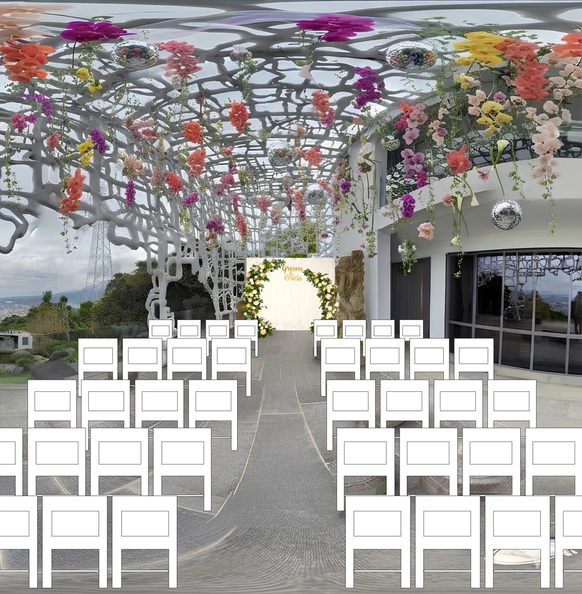 Mock-up of the balcony with white chairs on both sides of the aisle, orchids and wildflowers in coral, purple, gold and blush hanging from the white trellis, disco balls, and a floral arch at the end of the aisle