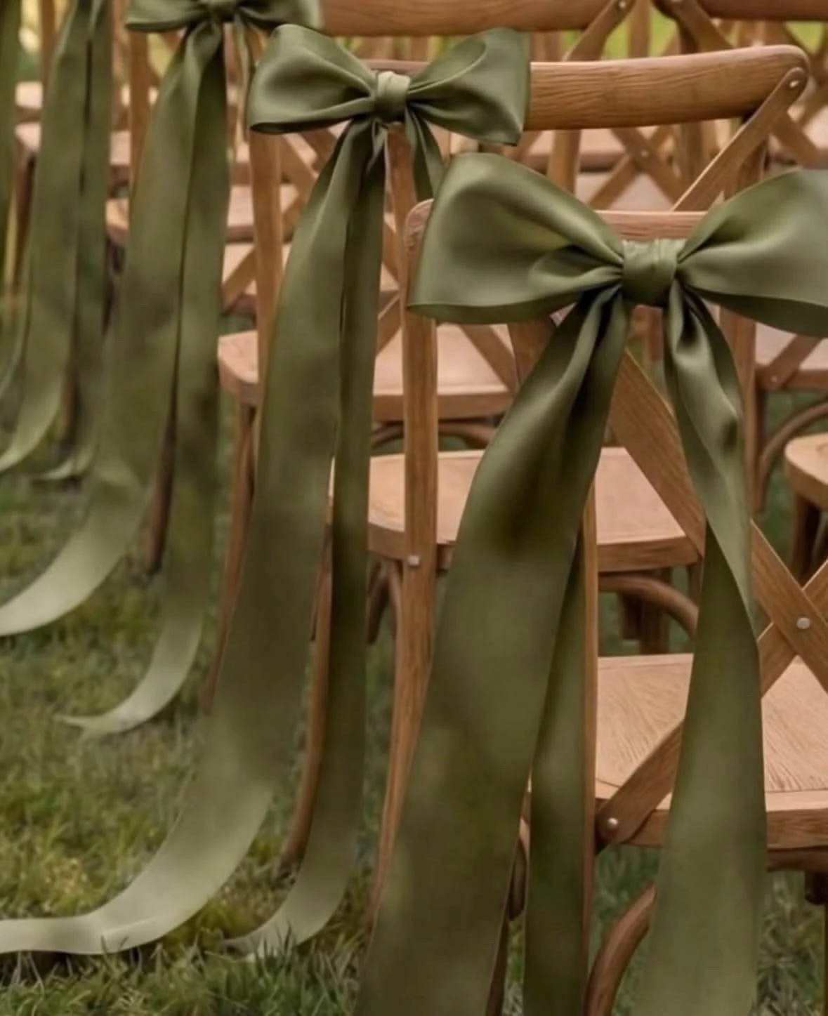 Large olive green satin bows with long trailing tails tied to the backs of wooden cross-back chairs along an aisle