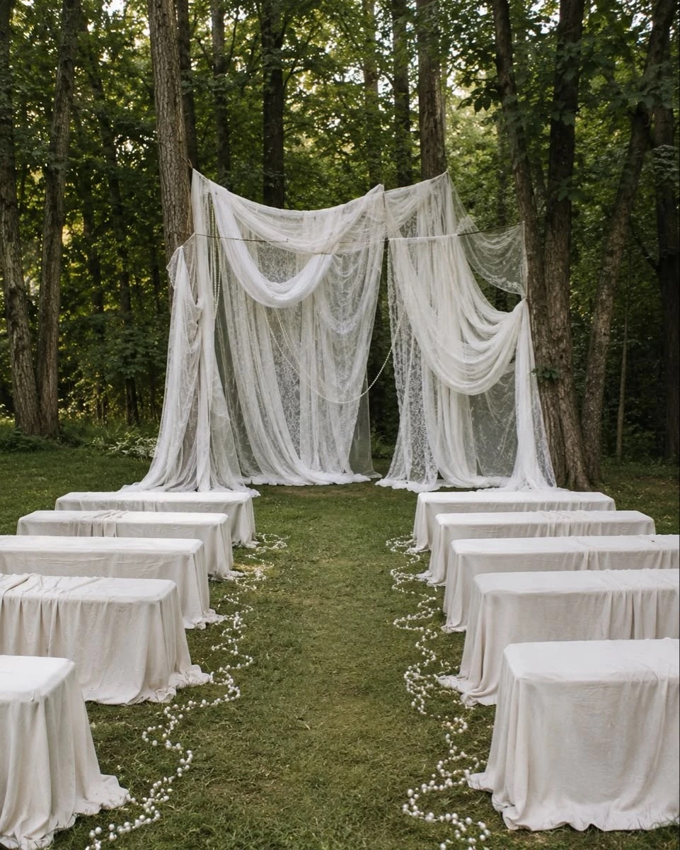 An outdoor aisle with white sheer fabric and lace draped over a frame at the end, white-draped benches and strands of pearls lining the aisle