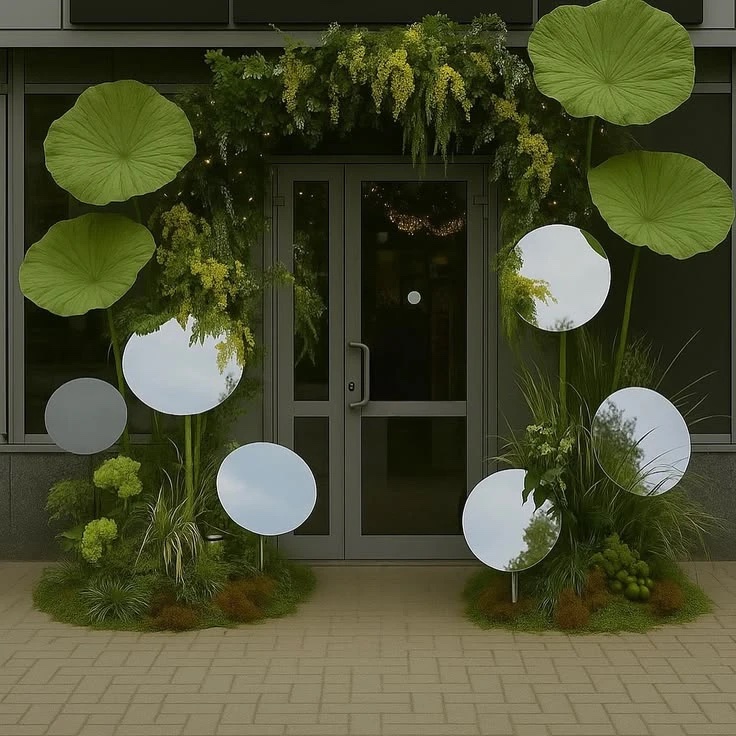 Giant green lotus leaves on tall stems and round mirrors on stands, set among grasses and greenery