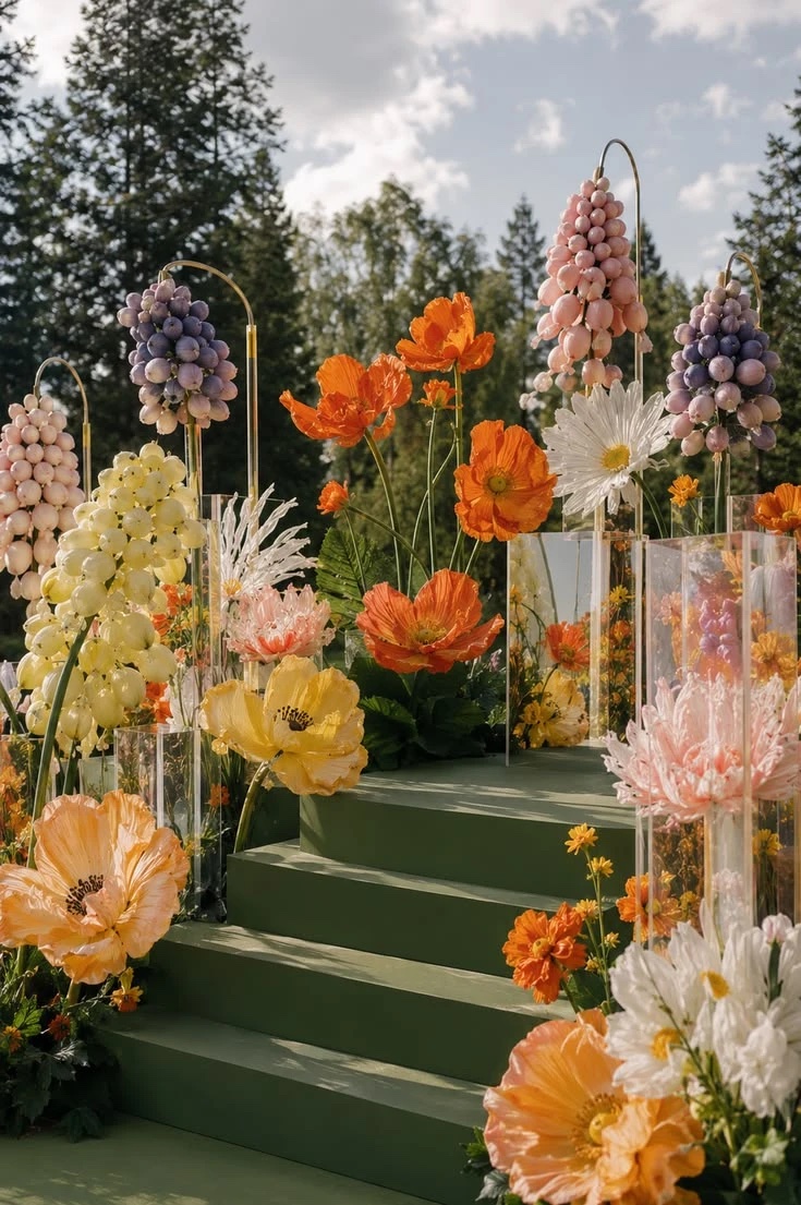 Giant poppies and flowers in orange, peach and white, with clusters of pink and lavender balls on hooked stands, along green steps