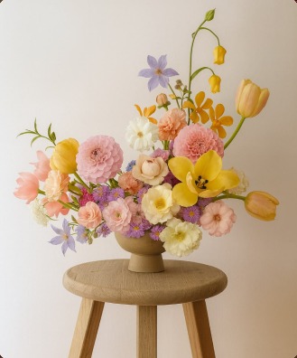 Pedestal arrangement of dahlias, tulips and ranunculus on a wooden stool