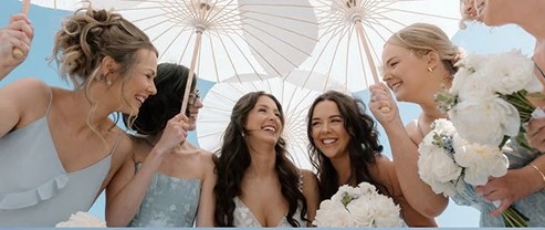 Laughing close-up of the bride and bridesmaids under parasols