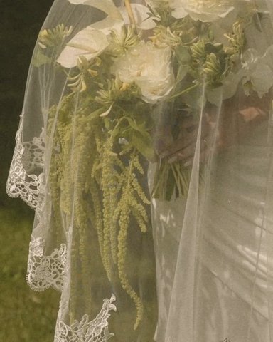 Bouquet seen through the lace-edged veil