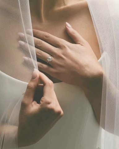 Close-up of the bride's hand and ring at her neckline, under the veil